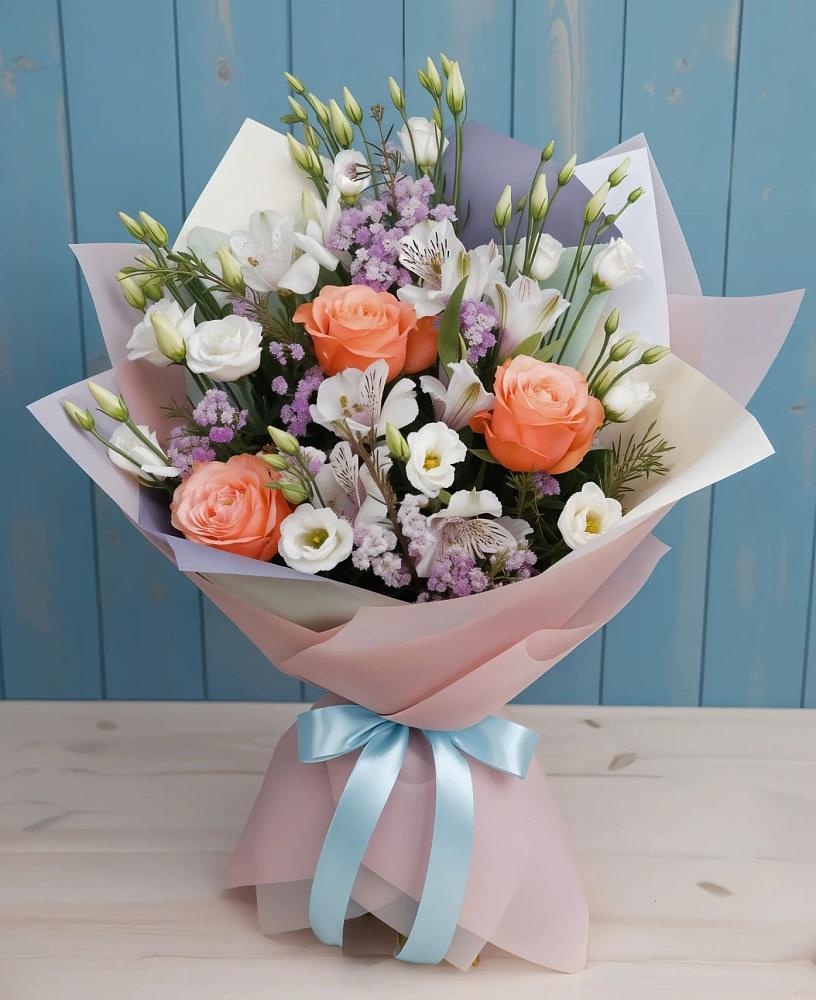 Букет цветов из: Лизиантусы, Розы, Альстромерии и Гипсофила в Супонево Брянская область